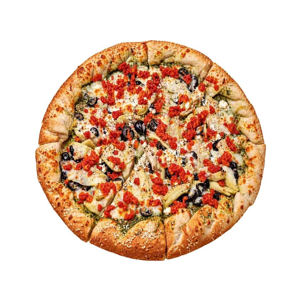 Mediterranean-style pizza with artichokes, olives, feta and sun-dried tomatoes